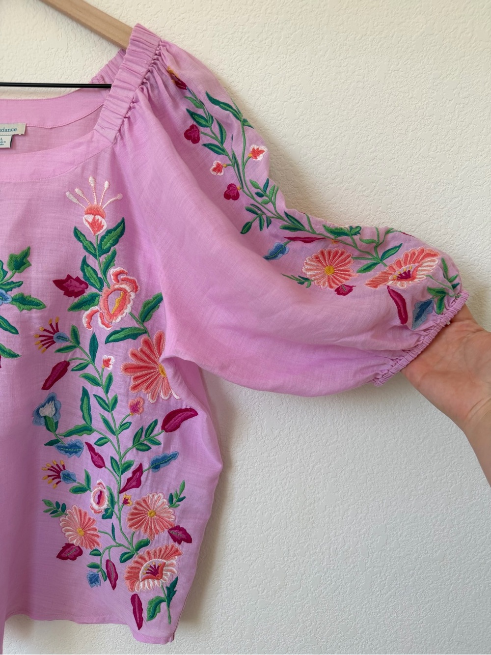 Sundance Floral Embroidered Pink Floral Embroidered Puff-Sleeve Top Blouse L - Picture 12 of 13